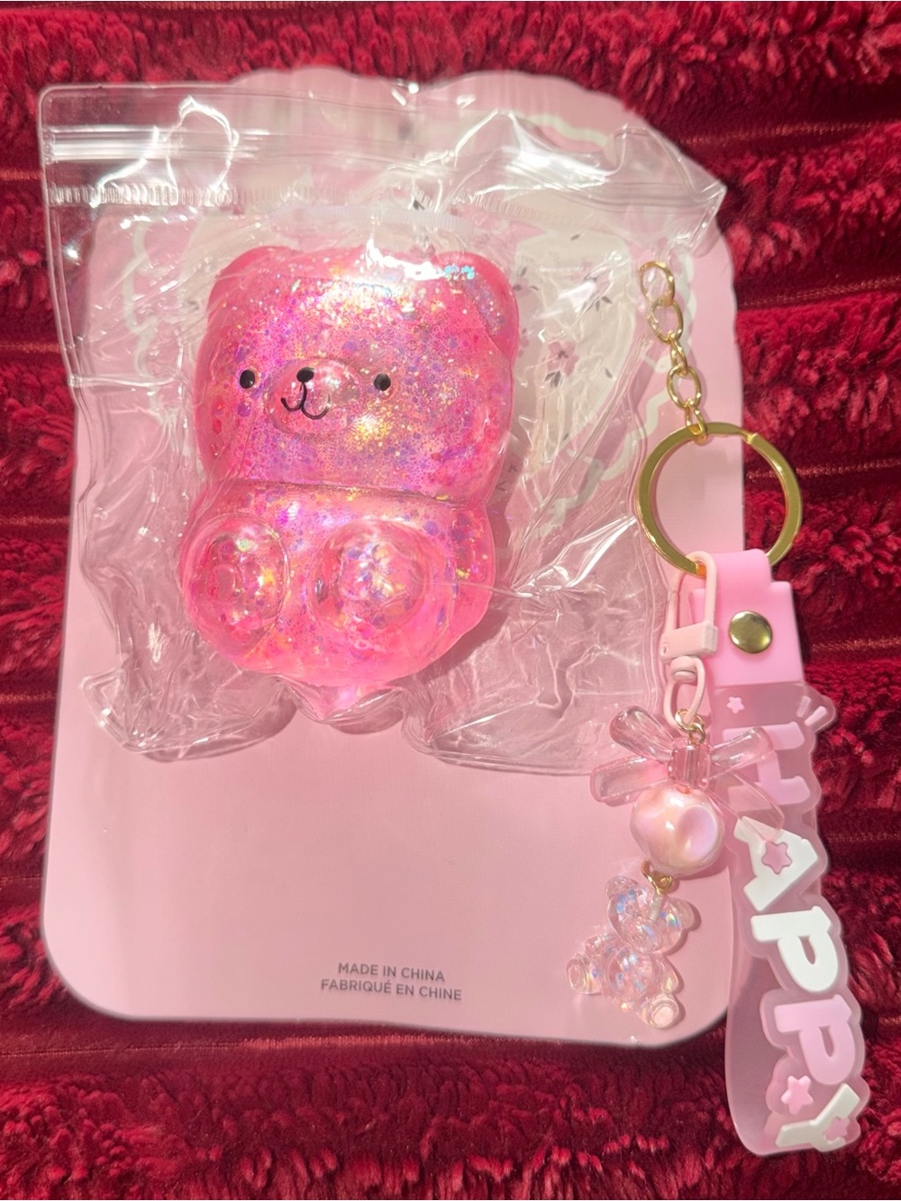 Pink Glitter Squishy Bear Keychain with Matching Pink Wrist Strap